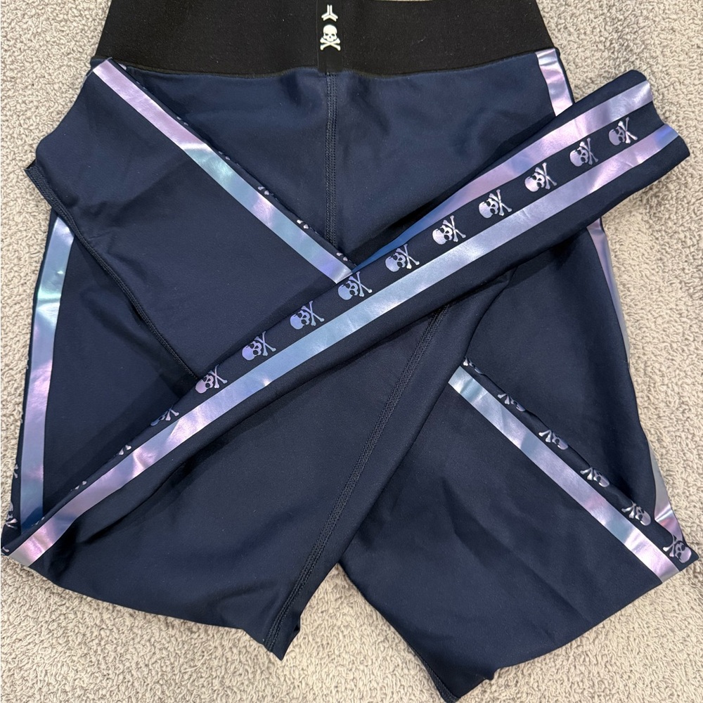 SoulCycle Navy Leggings with Iridescent Skull Side Stripes